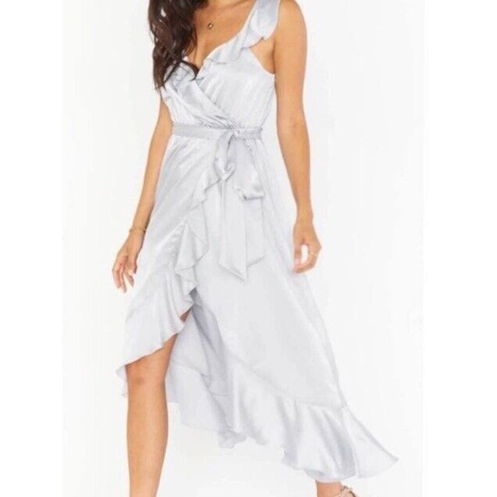 SHOW ME YOUR MUMU Samantha Flounce Ruffle Wrap Dress in Silver Luxe Satin Sz XS